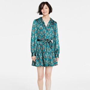 Teal Floral Wrap Mini Dress with Tie Waist